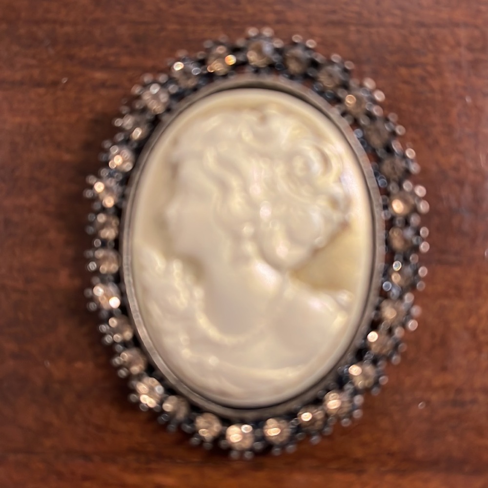 Cameo brooch with bronze beads. Dimensions 1.75x1.75 by Hobby Lobby. Not worn.